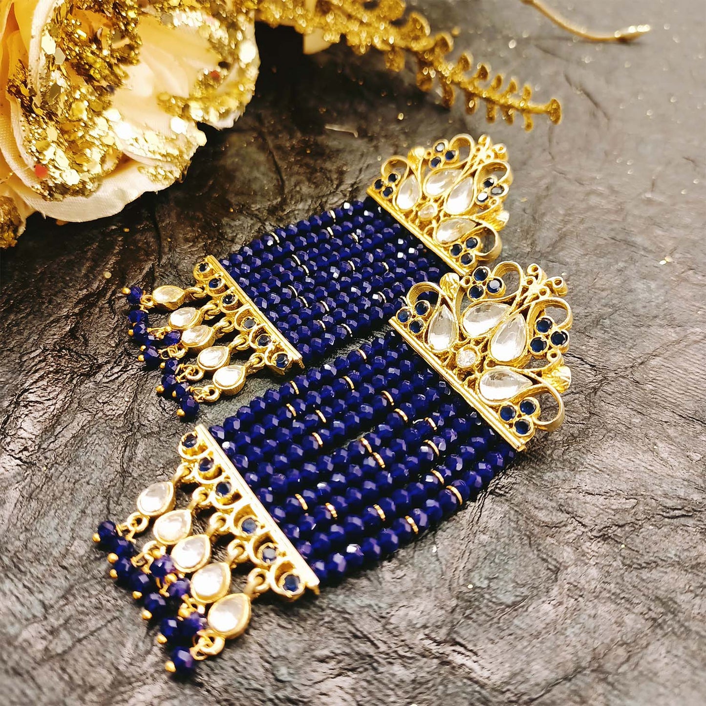 Aishwarya Royal Blue Crystal Beads Kundan Earrings