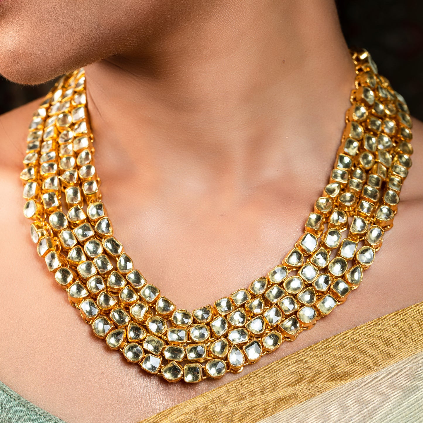 Aamira Golden Coloured Pachi Kundan Long Necklace Set