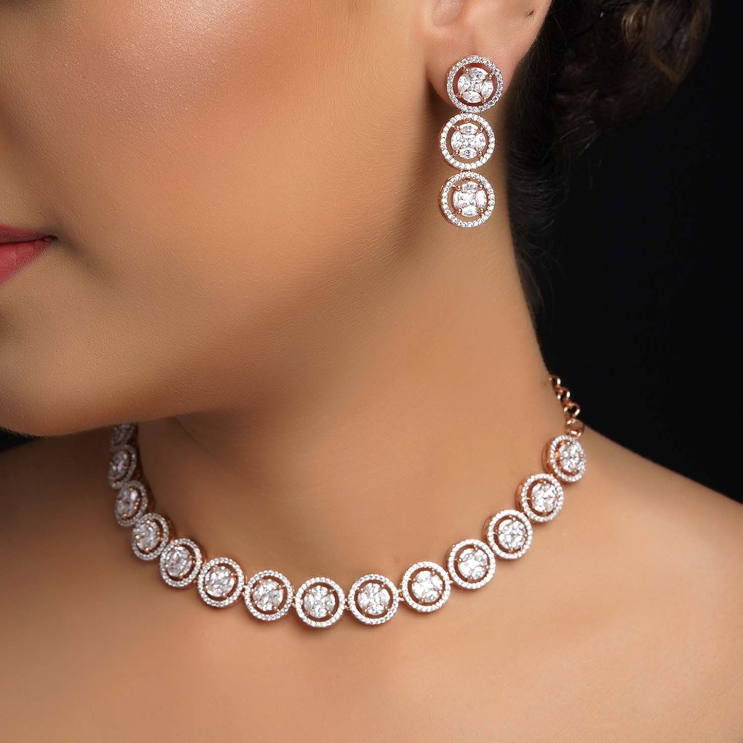 Kashish Diamond Neck Line Rose Plated Necklace Set