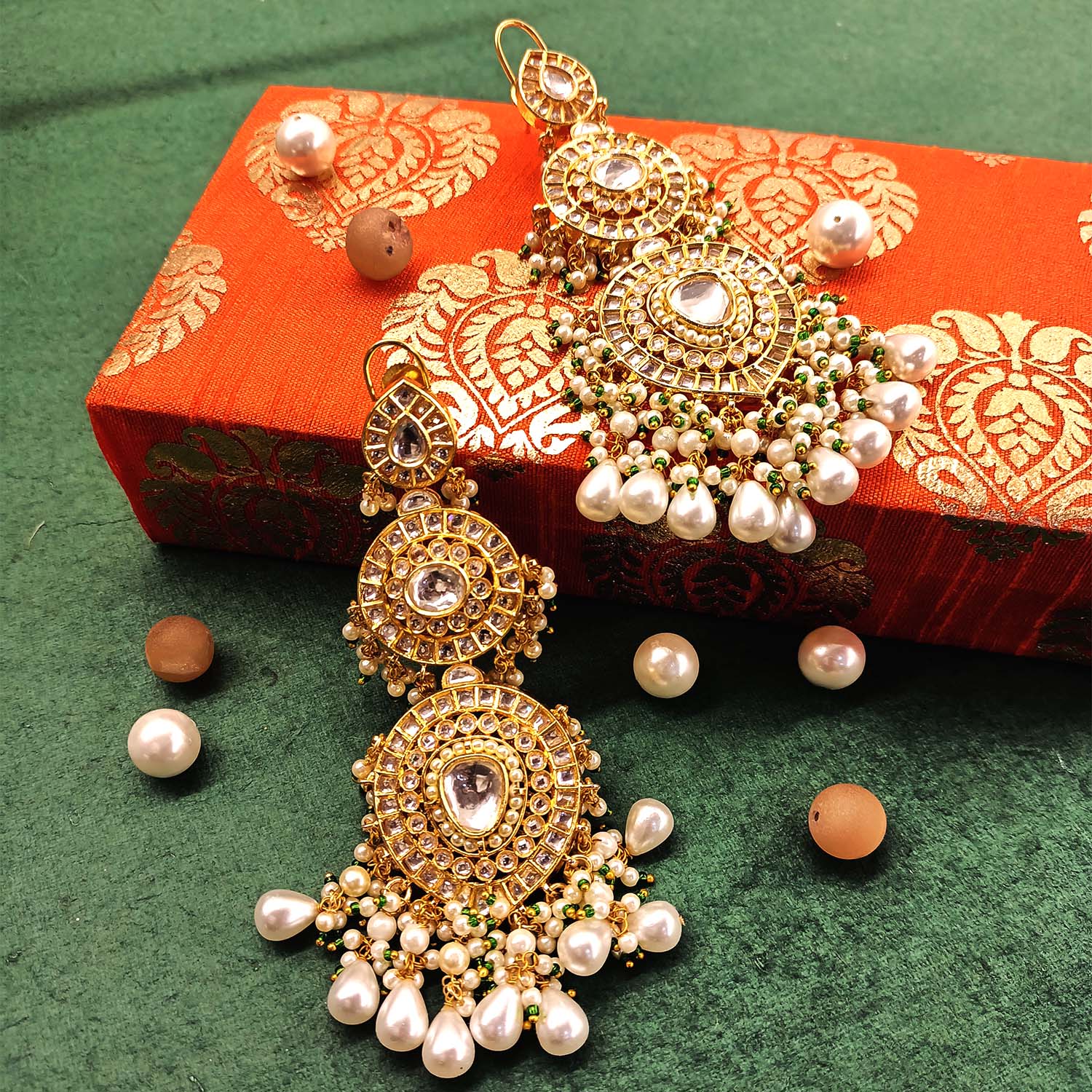 Big Stone White Earring In Green Hangings With Small Jhumki - Riana by  Shikha Jindal- Fabilicious Fashion